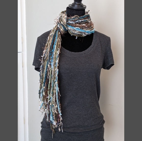 Handmade Fringe Scarf - Teal Aqua Blue Green Gray White Brown Gold Flowy Chic - Picture 7 of 13